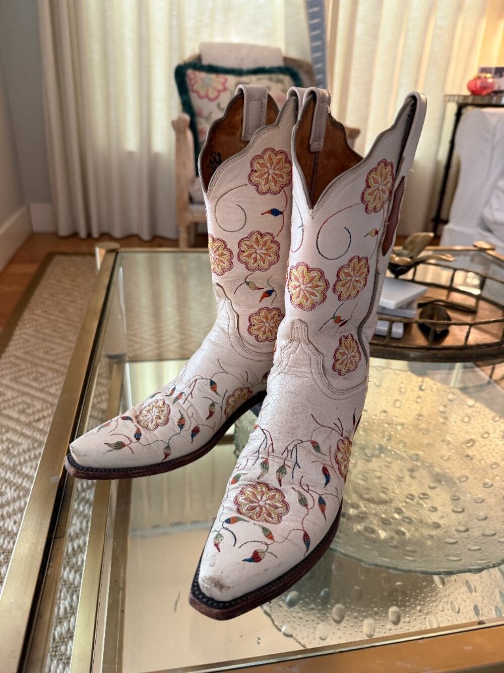 Lucchese 1883 Cream Embroidered Floral Western Boots 6.5